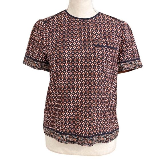 TORY BURCH 100% SILK SHORT SLEEVE BOXY TOP IN ORANGE BLUE FLORAL GEO PATTERN - 2 - Picture 1 of 10